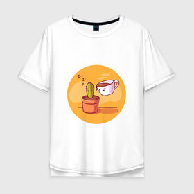 Мужская футболка хлопок Oversize с принтом Кофе и Кактус в Белгороде, 100% хлопок | свободный крой, круглый ворот, “спинка” длиннее передней части | Тематика изображения на принте: кактус | кофе | мило | спит