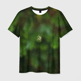 Мужская футболка 3D с принтом Паучок в Белгороде, 100% полиэфир | прямой крой, круглый вырез горловины, длина до линии бедер | spider | web | зелень | лес | макро | паук | паутина | природа