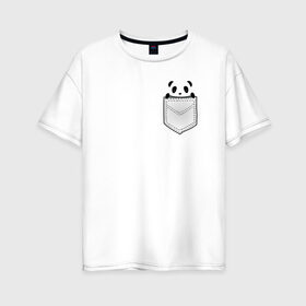 Женская футболка хлопок Oversize с принтом Панда В Кармане в Белгороде, 100% хлопок | свободный крой, круглый ворот, спущенный рукав, длина до линии бедер
 | animals | beats | head | panda | pocket | в кармане | голова | животные | звери | лапки | любовь | панда