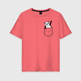 Женская футболка хлопок Oversize с принтом Панда В Кармане в Белгороде, 100% хлопок | свободный крой, круглый ворот, спущенный рукав, длина до линии бедер
 | 