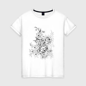 Женская футболка хлопок с принтом Графика тату в Белгороде, 100% хлопок | прямой крой, круглый вырез горловины, длина до линии бедер, слегка спущенное плечо | монохром | пион | розы | татуировка | цветы