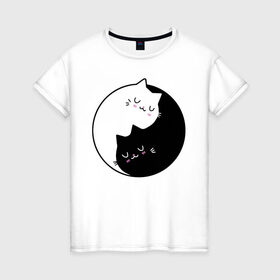 Женская футболка хлопок с принтом Yin and Yang cats в Белгороде, 100% хлопок | прямой крой, круглый вырез горловины, длина до линии бедер, слегка спущенное плечо | Тематика изображения на принте: anime | cat | cats | kitten | love | philosophy | yang | yin | yoga | аниме | инь | йога | кот | котенок | котик | котики | коты | любовь | противоположность | сердце | философия | ян