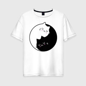Женская футболка хлопок Oversize с принтом Yin and Yang cats в Белгороде, 100% хлопок | свободный крой, круглый ворот, спущенный рукав, длина до линии бедер
 | Тематика изображения на принте: anime | cat | cats | kitten | love | philosophy | yang | yin | yoga | аниме | инь | йога | кот | котенок | котик | котики | коты | любовь | противоположность | сердце | философия | ян