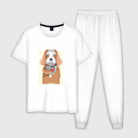 Мужская пижама хлопок с принтом Собака с кофе в Белгороде, 100% хлопок | брюки и футболка прямого кроя, без карманов, на брюках мягкая резинка на поясе и по низу штанин
 | animal | coffee | dog | pet | животные | кофе | любовь | напиток | пёс | сердце | собака