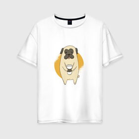Женская футболка хлопок Oversize с принтом Мопс с кофе в Белгороде, 100% хлопок | свободный крой, круглый ворот, спущенный рукав, длина до линии бедер
 | animal | coffee | cute | drink | morning | pet | pug | животное | кофе | мопс | напиток | собака