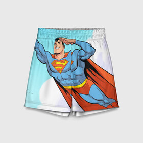 Детские спортивные шорты 3D с принтом SuperMan DC в Белгороде,  100% полиэстер
 | пояс оформлен широкой мягкой резинкой, ткань тянется
 | comics | dc | superman | комиксы | супермен