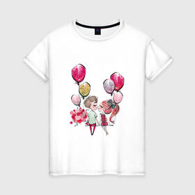 Женская футболка хлопок с принтом Парочка в Белгороде, 100% хлопок | прямой крой, круглый вырез горловины, длина до линии бедер, слегка спущенное плечо | букет цветов | валентин | первый поцелуй | свидание | шары