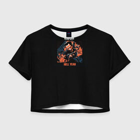 Женская футболка Crop-top 3D с принтом KMFDM HELL YEAH в Белгороде, 100% полиэстер | круглая горловина, длина футболки до линии талии, рукава с отворотами | hell | hell yeah | kmfdm | mdfmk | yeah