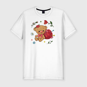 Мужская футболка хлопок Slim с принтом Мишка в Белгороде, 92% хлопок, 8% лайкра | приталенный силуэт, круглый вырез ворота, длина до линии бедра, короткий рукав | вязание | игрушка | клубок ниток | любовь | медведь