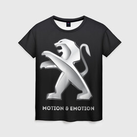 Женская футболка 3D с принтом Motion & Emotion в Белгороде, 100% полиэфир ( синтетическое хлопкоподобное полотно) | прямой крой, круглый вырез горловины, длина до линии бедер | auto | emotion | motion | peugeot | sport | авто | лого | логотип | пежо | пижо | спорт