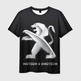 Мужская футболка 3D с принтом Motion & Emotion в Белгороде, 100% полиэфир | прямой крой, круглый вырез горловины, длина до линии бедер | Тематика изображения на принте: auto | emotion | motion | peugeot | sport | авто | лого | логотип | пежо | пижо | спорт