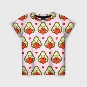 Детская футболка 3D с принтом Love Avocado в Белгороде, 100% гипоаллергенный полиэфир | прямой крой, круглый вырез горловины, длина до линии бедер, чуть спущенное плечо, ткань немного тянется | 14 февраля | love | авокадо | вкусняшка | день святого валентина | еда | любовь | паттерн | сердечко