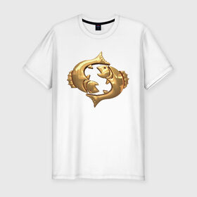 Мужская футболка хлопок Slim с принтом Рыбы в Белгороде, 92% хлопок, 8% лайкра | приталенный силуэт, круглый вырез ворота, длина до линии бедра, короткий рукав | fish | zodiac signs | знаки зодиака | золотой рисунок | рыбы