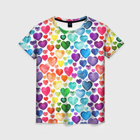 Женская футболка 3D с принтом Радужные сердечки в Белгороде, 100% полиэфир ( синтетическое хлопкоподобное полотно) | прямой крой, круглый вырез горловины, длина до линии бедер | 8 марта | love | девочки | женская | любовь | подружке | сердечки