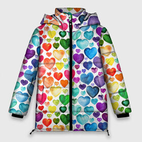 Женская зимняя куртка 3D с принтом Радужные сердечки в Белгороде, верх — 100% полиэстер; подкладка — 100% полиэстер; утеплитель — 100% полиэстер | длина ниже бедра, силуэт Оверсайз. Есть воротник-стойка, отстегивающийся капюшон и ветрозащитная планка. 

Боковые карманы с листочкой на кнопках и внутренний карман на молнии | 8 марта | love | девочки | женская | любовь | подружке | сердечки