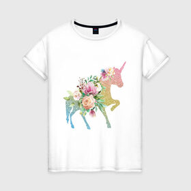Женская футболка хлопок с принтом Единорог в Белгороде, 100% хлопок | прямой крой, круглый вырез горловины, длина до линии бедер, слегка спущенное плечо | fantasy | сказки | сказочные существа | цветы