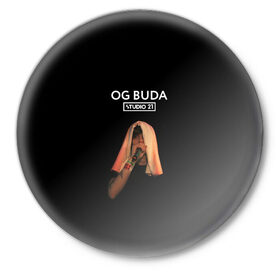 Значок с принтом OG Buda в Белгороде,  металл | круглая форма, металлическая застежка в виде булавки | Тематика изображения на принте: melon music | og buda | опг сити | русский рэп | рэп | тюмень | хип хоп