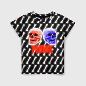 Детская футболка 3D с принтом Phonk (ФОНК) Черепа в Белгороде, 100% гипоаллергенный полиэфир | прямой крой, круглый вырез горловины, длина до линии бедер, чуть спущенное плечо, ткань немного тянется | phonk | кости | фонк | фонк рэп | черепа