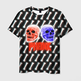 Мужская футболка 3D с принтом Phonk (ФОНК) Черепа в Белгороде, 100% полиэфир | прямой крой, круглый вырез горловины, длина до линии бедер | Тематика изображения на принте: phonk | кости | фонк | фонк рэп | черепа