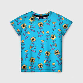 Детская футболка 3D с принтом Желтые цветы на голубом фоне в Белгороде, 100% гипоаллергенный полиэфир | прямой крой, круглый вырез горловины, длина до линии бедер, чуть спущенное плечо, ткань немного тянется | 8 марта | flowers | summer | ботаническая иллюстрация | весна | желтый | лето | любовь | подсолнухи | праздник | принт | природа | растения | фиолетовый | цветы