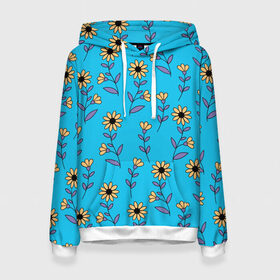 Женская толстовка 3D с принтом Желтые цветы на голубом фоне в Белгороде, 100% полиэстер  | двухслойный капюшон со шнурком для регулировки, мягкие манжеты на рукавах и по низу толстовки, спереди карман-кенгуру с мягким внутренним слоем. | 8 марта | flowers | summer | ботаническая иллюстрация | весна | желтый | лето | любовь | подсолнухи | праздник | принт | природа | растения | фиолетовый | цветы