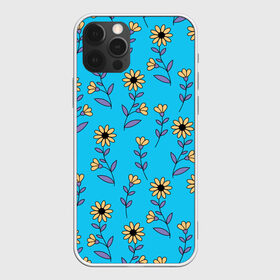 Чехол для iPhone 12 Pro Max с принтом Желтые цветы на голубом фоне в Белгороде, Силикон |  | 8 марта | flowers | summer | ботаническая иллюстрация | весна | желтый | лето | любовь | подсолнухи | праздник | принт | природа | растения | фиолетовый | цветы