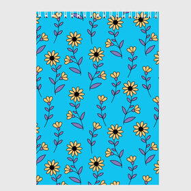 Скетчбук с принтом Желтые цветы на голубом фоне в Белгороде, 100% бумага
 | 48 листов, плотность листов — 100 г/м2, плотность картонной обложки — 250 г/м2. Листы скреплены сверху удобной пружинной спиралью | Тематика изображения на принте: 8 марта | flowers | summer | ботаническая иллюстрация | весна | желтый | лето | любовь | подсолнухи | праздник | принт | природа | растения | фиолетовый | цветы