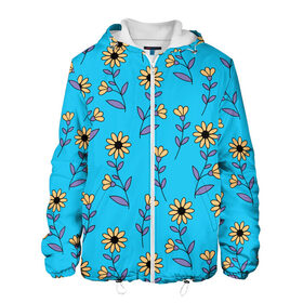 Мужская куртка 3D с принтом Желтые цветы на голубом фоне в Белгороде, ткань верха — 100% полиэстер, подклад — флис | прямой крой, подол и капюшон оформлены резинкой с фиксаторами, два кармана без застежек по бокам, один большой потайной карман на груди. Карман на груди застегивается на липучку | Тематика изображения на принте: 8 марта | flowers | summer | ботаническая иллюстрация | весна | желтый | лето | любовь | подсолнухи | праздник | принт | природа | растения | фиолетовый | цветы