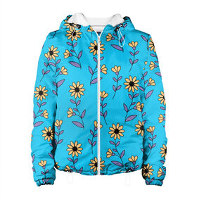 Женская куртка 3D с принтом Желтые цветы на голубом фоне в Белгороде, ткань верха — 100% полиэстер, подклад — флис | прямой крой, подол и капюшон оформлены резинкой с фиксаторами, два кармана без застежек по бокам, один большой потайной карман на груди. Карман на груди застегивается на липучку | 8 марта | flowers | summer | ботаническая иллюстрация | весна | желтый | лето | любовь | подсолнухи | праздник | принт | природа | растения | фиолетовый | цветы