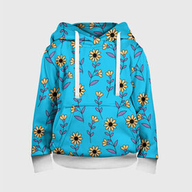 Детская толстовка 3D с принтом Желтые цветы на голубом фоне в Белгороде, 100% полиэстер | двухслойный капюшон со шнурком для регулировки, мягкие манжеты на рукавах и по низу толстовки, спереди карман-кенгуру с мягким внутренним слоем | 8 марта | flowers | summer | ботаническая иллюстрация | весна | желтый | лето | любовь | подсолнухи | праздник | принт | природа | растения | фиолетовый | цветы
