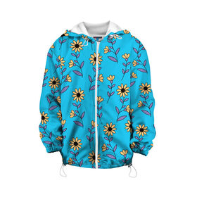 Детская куртка 3D с принтом Желтые цветы на голубом фоне в Белгороде, 100% полиэстер | застежка — молния, подол и капюшон оформлены резинкой с фиксаторами, по бокам — два кармана без застежек, один потайной карман на груди, плотность верхнего слоя — 90 г/м2; плотность флисового подклада — 260 г/м2 | Тематика изображения на принте: 8 марта | flowers | summer | ботаническая иллюстрация | весна | желтый | лето | любовь | подсолнухи | праздник | принт | природа | растения | фиолетовый | цветы