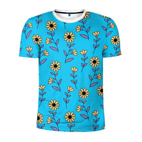 Мужская футболка 3D спортивная с принтом Желтые цветы на голубом фоне в Белгороде, 100% полиэстер с улучшенными характеристиками | приталенный силуэт, круглая горловина, широкие плечи, сужается к линии бедра | 8 марта | flowers | summer | ботаническая иллюстрация | весна | желтый | лето | любовь | подсолнухи | праздник | принт | природа | растения | фиолетовый | цветы