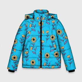 Зимняя куртка для мальчиков 3D с принтом Желтые цветы на голубом фоне в Белгороде, ткань верха — 100% полиэстер; подклад — 100% полиэстер, утеплитель — 100% полиэстер | длина ниже бедра, удлиненная спинка, воротник стойка и отстегивающийся капюшон. Есть боковые карманы с листочкой на кнопках, утяжки по низу изделия и внутренний карман на молнии. 

Предусмотрены светоотражающий принт на спинке, радужный светоотражающий элемент на пуллере молнии и на резинке для утяжки | Тематика изображения на принте: 8 марта | flowers | summer | ботаническая иллюстрация | весна | желтый | лето | любовь | подсолнухи | праздник | принт | природа | растения | фиолетовый | цветы