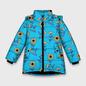 Зимняя куртка для девочек 3D с принтом Желтые цветы на голубом фоне в Белгороде, ткань верха — 100% полиэстер; подклад — 100% полиэстер, утеплитель — 100% полиэстер. | длина ниже бедра, удлиненная спинка, воротник стойка и отстегивающийся капюшон. Есть боковые карманы с листочкой на кнопках, утяжки по низу изделия и внутренний карман на молнии. 

Предусмотрены светоотражающий принт на спинке, радужный светоотражающий элемент на пуллере молнии и на резинке для утяжки. | Тематика изображения на принте: 8 марта | flowers | summer | ботаническая иллюстрация | весна | желтый | лето | любовь | подсолнухи | праздник | принт | природа | растения | фиолетовый | цветы
