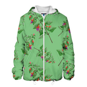 Мужская куртка 3D с принтом Фуксии на светло зеленом фоне в Белгороде, ткань верха — 100% полиэстер, подклад — флис | прямой крой, подол и капюшон оформлены резинкой с фиксаторами, два кармана без застежек по бокам, один большой потайной карман на груди. Карман на груди застегивается на липучку | 8 марта | flowers | summer | ботаническая иллюстрация | весна | зеленый | красный | лето | любовь | праздник | принт | природа | растения | фиолетовый | фуксия | цветы