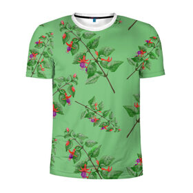 Мужская футболка 3D спортивная с принтом Фуксии на светло зеленом фоне в Белгороде, 100% полиэстер с улучшенными характеристиками | приталенный силуэт, круглая горловина, широкие плечи, сужается к линии бедра | Тематика изображения на принте: 8 марта | flowers | summer | ботаническая иллюстрация | весна | зеленый | красный | лето | любовь | праздник | принт | природа | растения | фиолетовый | фуксия | цветы