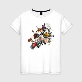 Женская футболка хлопок с принтом Цветы в Белгороде, 100% хлопок | прямой крой, круглый вырез горловины, длина до линии бедер, слегка спущенное плечо | 8 марта | букет цветов | девушка | женский день | женщина | фауна | фиолетовый | флора