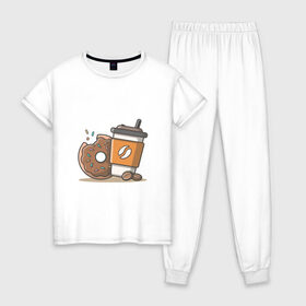 Женская пижама хлопок с принтом Сладкая жизнь в Белгороде, 100% хлопок | брюки и футболка прямого кроя, без карманов, на брюках мягкая резинка на поясе и по низу штанин | Тематика изображения на принте: coffee | вкусняшки | кофе | пончик | сладости