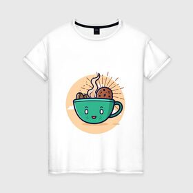 Женская футболка хлопок с принтом Для любителей кофе в Белгороде, 100% хлопок | прямой крой, круглый вырез горловины, длина до линии бедер, слегка спущенное плечо | кофе | печенье | топпинг
