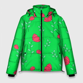 Мужская зимняя куртка 3D с принтом Тюльпаны на салатовом фоне в Белгороде, верх — 100% полиэстер; подкладка — 100% полиэстер; утеплитель — 100% полиэстер | длина ниже бедра, свободный силуэт Оверсайз. Есть воротник-стойка, отстегивающийся капюшон и ветрозащитная планка. 

Боковые карманы с листочкой на кнопках и внутренний карман на молнии. | 8 марта | flowers | summer | ботаническая иллюстрация | весна | зеленый | красный | лето | листья | любовь | праздник | принт | природа | растения | салатовый | тюльпаны | цветы