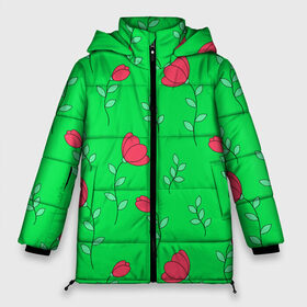 Женская зимняя куртка 3D с принтом Тюльпаны на салатовом фоне в Белгороде, верх — 100% полиэстер; подкладка — 100% полиэстер; утеплитель — 100% полиэстер | длина ниже бедра, силуэт Оверсайз. Есть воротник-стойка, отстегивающийся капюшон и ветрозащитная планка. 

Боковые карманы с листочкой на кнопках и внутренний карман на молнии | 8 марта | flowers | summer | ботаническая иллюстрация | весна | зеленый | красный | лето | листья | любовь | праздник | принт | природа | растения | салатовый | тюльпаны | цветы