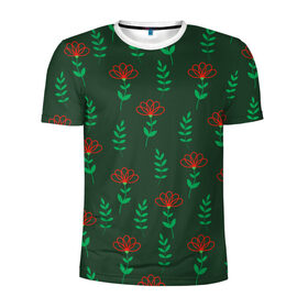 Мужская футболка 3D спортивная с принтом Цветочки и зеленые листики в Белгороде, 100% полиэстер с улучшенными характеристиками | приталенный силуэт, круглая горловина, широкие плечи, сужается к линии бедра | 8 марта | flowers | summer | ботаническая иллюстрация | весна | зеленый | красный | лето | листья | любовь | праздник | принт | природа | растения | цветы