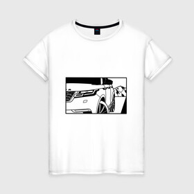 Женская футболка хлопок с принтом Range Rover Evoque Черно-белый в Белгороде, 100% хлопок | прямой крой, круглый вырез горловины, длина до линии бедер, слегка спущенное плечо | range rover evoque | горы | дорога | иллюстрация | колеса | машина | фары | черно белый
