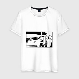 Мужская футболка хлопок с принтом Range Rover Evoque Черно-белый в Белгороде, 100% хлопок | прямой крой, круглый вырез горловины, длина до линии бедер, слегка спущенное плечо. | Тематика изображения на принте: range rover evoque | горы | дорога | иллюстрация | колеса | машина | фары | черно белый