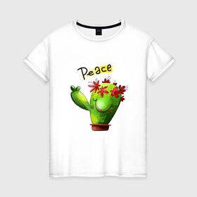 Женская футболка хлопок с принтом Кактус в Белгороде, 100% хлопок | прямой крой, круглый вырез горловины, длина до линии бедер, слегка спущенное плечо | вачка | иголки | мир | праздник | растения | семья | хиппи | цветы