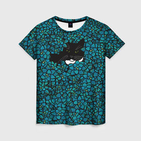 Женская футболка 3D с принтом Чёрная киса в Белгороде, 100% полиэфир ( синтетическое хлопкоподобное полотно) | прямой крой, круглый вырез горловины, длина до линии бедер | домашние животные | звери | киса | кисуля | кот | коты | кошка | кошки | синяя | цветочки | цветы | черный кот