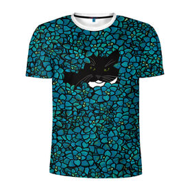 Мужская футболка 3D спортивная с принтом Чёрная киса в Белгороде, 100% полиэстер с улучшенными характеристиками | приталенный силуэт, круглая горловина, широкие плечи, сужается к линии бедра | домашние животные | звери | киса | кисуля | кот | коты | кошка | кошки | синяя | цветочки | цветы | черный кот