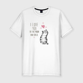 Мужская футболка хлопок Slim с принтом Котик в Белгороде, 92% хлопок, 8% лайкра | приталенный силуэт, круглый вырез ворота, длина до линии бедра, короткий рукав | кот | кошка | люблю тебя до луны и обратно | мяу | полосатый | хвостатый
