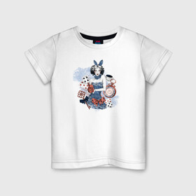 Детская футболка хлопок с принтом Алиса в Белгороде, 100% хлопок | круглый вырез горловины, полуприлегающий силуэт, длина до линии бедер | Тематика изображения на принте: девушка | карты | ключ | странный | часы