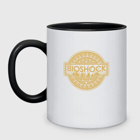 Кружка двухцветная с принтом Bioshock Golden Logo в Белгороде, керамика | объем — 330 мл, диаметр — 80 мм. Цветная ручка и кайма сверху, в некоторых цветах — вся внутренняя часть | bioshock infinite | little sister | биошок | большой папочка | винтаж | ретро | сестра